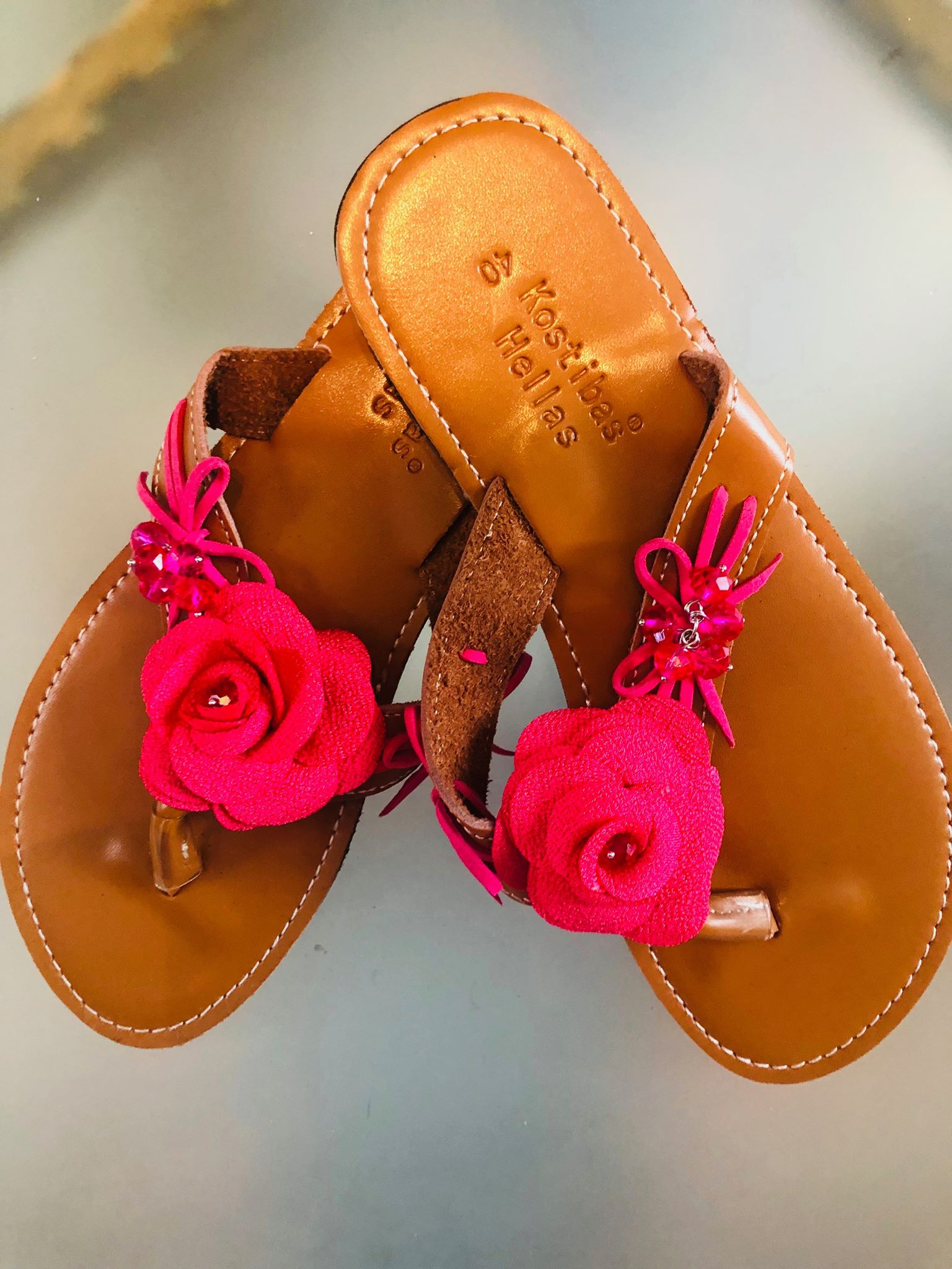 Leather Sandal with fuchsia flower - StavFashion
