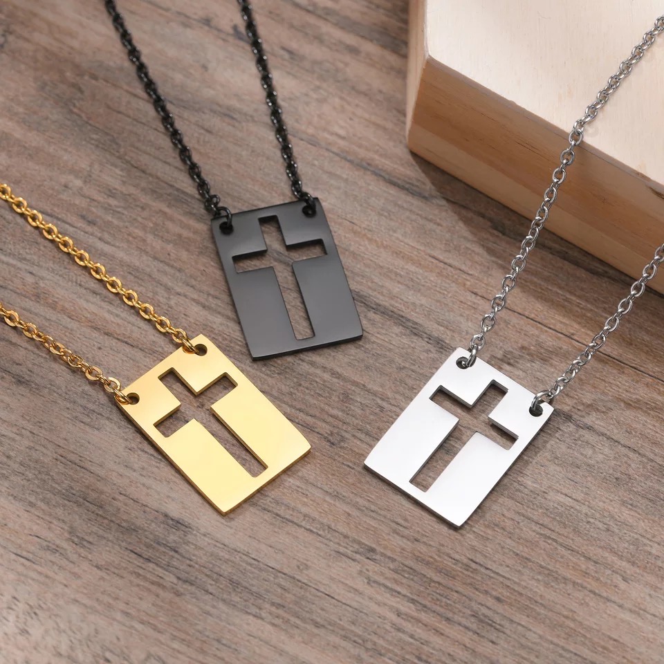 Cross - Risen Cross Silver & Black Pendant - Necklace - PEN823